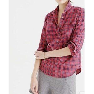 J Crew Women Sz 0 Christmas Plaid Tartan Print Oversize Popover Shirt Top Red xs